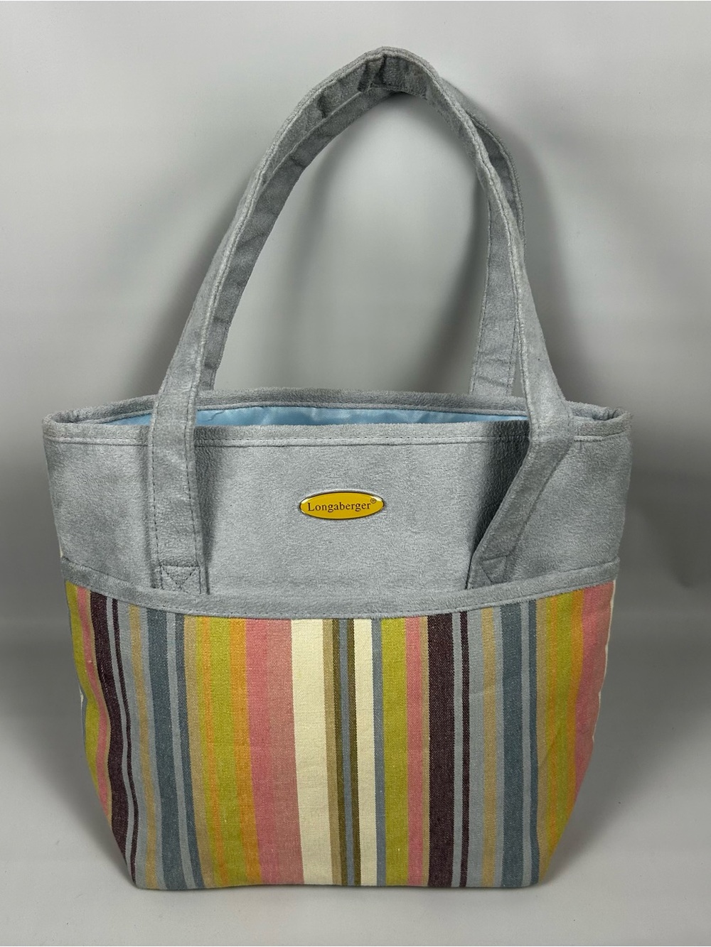 Vintage Longaberger Homestead Tote Purse Handbag Botanical Stripe Blue